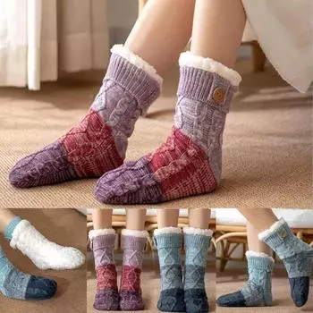 Женские зимние вязаные утолщенные носки с флисовой подкладкой для дома, теплые пушистые носки-тапочки в подарок фиолетовый