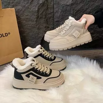 Женские зимние высокие кроссовки на платформе, теплые зимние ботинки на шнуровке с меховой подкладкой, удобные нескользящие ботинки по щиколотку для женщин, короткие ботинки, прогулочная обувь 35 хаки