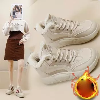 Женские зимние высокие кроссовки. Теплые нескользящие ботильоны из искусственной кожи на флисовой подкладке. Уличные повседневные зимние ботинки на меховой подкладке с толстой подошвой для женщин. 35 чёрный