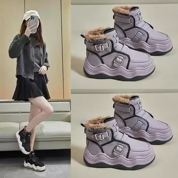 Женские зимние высокие кроссовки, уличные зимние ботинки на подкладке из искусственного меха, ботильоны без шнуровки, теплые толстые кроссовки для бега, короткие женские ботинки с плюшевой подкладкой 38 чёрный