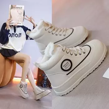Женские зимние высокие кроссовки, уличные зимние ботинки без шнуровки на меховой подкладке, повседневные ботильоны из искусственной кожи на шнуровке, теплая спортивная обувь с плюшевой подкладкой для женщин