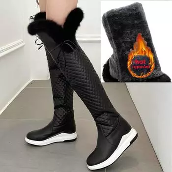 Женские зимние высокие сапоги для снега, теплые меховые плюшевые черные белые сапоги выше колена, женские повседневные туфли на танкетке, дождевые сапоги, водонепроницаемые 34 чёрный