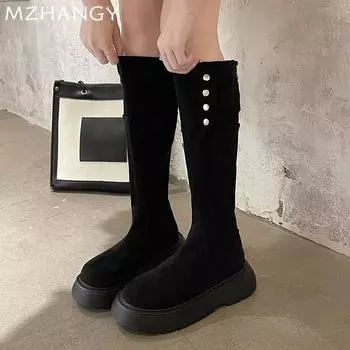 Женские зимние замшевые сапоги на плоской подошве, теплые дизайнерские сапоги до колена, женские модные 2024 года, новые платья, мотоциклетные ботинки для женщин 35 чёрный