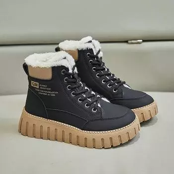 Женские зимние зимние ботинки на флисовой подкладке, нескользящие повседневные короткие ботильоны на толстой подошве с высоким берцем и шнуровкой из искусственной кожи, на теплой меховой подкладке для женщин 36 хаки