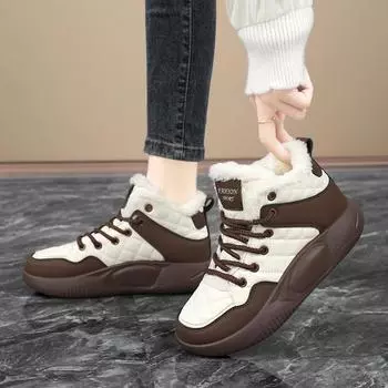 Женские зимние зимние ботинки на флисовой подкладке, нескользящие повседневные короткие ботильоны на толстой подошве с высоким берцем и шнуровкой из искусственной кожи, на теплой меховой подкладке для женщин 36 чёрный