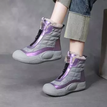 Женские зимние зимние ботинки на меховой подкладке, уличные нескользящие ботильоны из искусственной кожи с молнией, толстая подошва, теплые ботинки с плюшевой подкладкой, высокие туфли для женщин 35 фиолетовый
