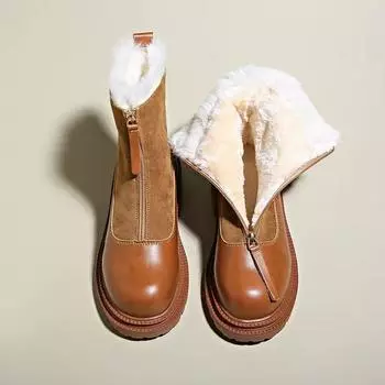 Женские зимние зимние ботинки на меховой подкладке, уличные нескользящие кожаные ботильоны с застежкой-молнией, теплые ботинки на толстой подошве с плюшевой подкладкой для женщин