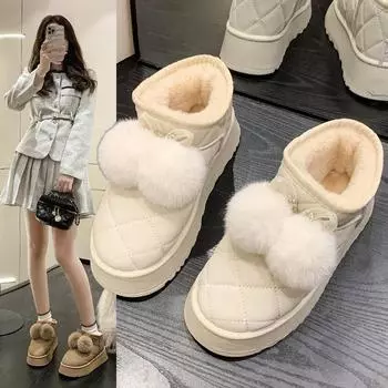 Женские зимние зимние ботинки на подкладке из искусственного меха, уличные противоскользящие ботильоны из искусственной кожи с помпоном, теплые повседневные короткие ботильоны с плюшевой подкладкой для женщин