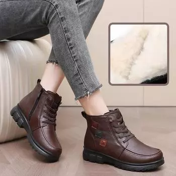 Женские зимние зимние ботинки на подкладке из искусственного меха, уличные противоскользящие ботильоны из искусственной кожи на шнуровке с плюшевой подкладкой, теплые повседневные короткие ботильоны для женщин