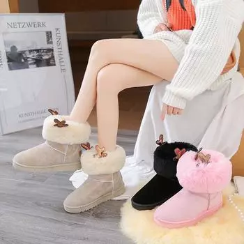 Женские зимние зимние ботинки на теплой меховой подкладке с рогами, однотонные нескользящие ботильоны, уличные ботинки, удобная флисовая обувь для женщин с внутренней стороны