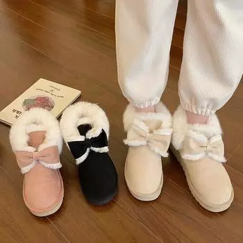 Женские зимние зимние сапоги на теплой меховой подкладке с галстуком-бабочкой, однотонные нескользящие ботильоны, уличные ботинки, удобная флисовая обувь с внутренней стороны для женщин