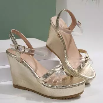 Женские золотистые модные босоножки, летний новый стиль, женская повседневная обувь на толстой подошве с танкеткой, удобная обувь для отдыха на пляже 36