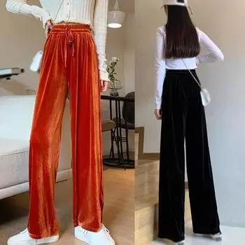 Женские золотые бархатные однотонные широкие брюки. Свободные прямые широкие брюки. M