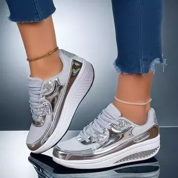 Женские золотые кроссовки повседневные на толстой подошве, увеличивающие рост, на платформе, серебристые легкие туфли большого размера EU: 36 серебряный