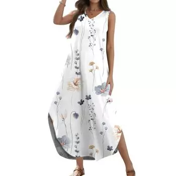 Женский 2024 летний повседневный свободный сарафан длинное платье с цветочным принтом без рукавов с v-образным вырезом и разрезом футболка платья макси XXL белый