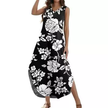 Женский 2024 летний повседневный свободный сарафан длинное платье с цветочным принтом без рукавов с v-образным вырезом и разрезом футболка платья макси L чёрный