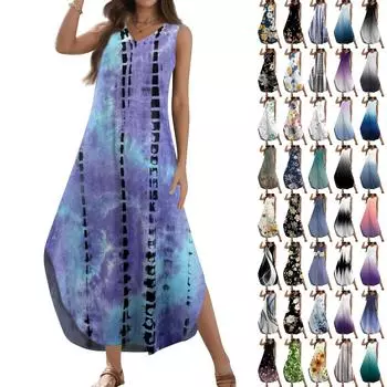 Женский 2024, летний повседневный свободный сарафан, длинное платье с принтом, без рукавов, с v-образным вырезом и разрезом, футболка, макси-платья L чёрный