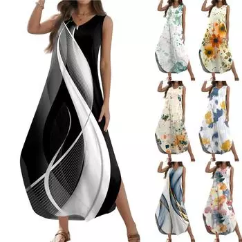 Женский 2024 летний повседневный свободный сарафан длинное платье с цветочным принтом без рукавов с v-образным вырезом и разрезом футболка платья макси L чёрный