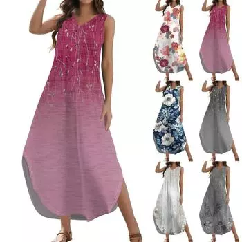 Женский 2024 летний повседневный свободный сарафан длинное платье с цветочным принтом без рукавов с v-образным вырезом и разрезом футболка платья макси L