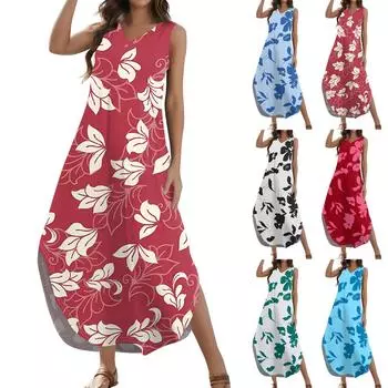 Женский 2024 летний повседневный свободный сарафан длинное платье с цветочным принтом без рукавов с v-образным вырезом и разрезом футболка платья макси L синий