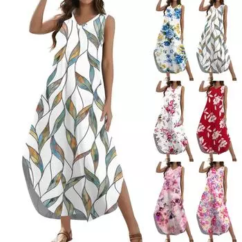 Женский 2024 летний повседневный свободный сарафан длинное платье с цветочным принтом без рукавов с v-образным вырезом и разрезом футболка платья макси L синий