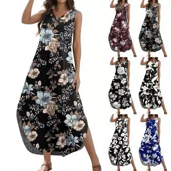 Женский 2024 летний повседневный свободный сарафан длинное платье с цветочным принтом без рукавов с v-образным вырезом и разрезом футболка платья макси L чёрный