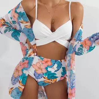 Женский 3 шт., бикини с цветочным принтом, сексуальный купальный костюм с высокой талией, пляжный купальник, женский летний купальник S