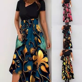 Женский 3D цветочный принт Новое пэчворк повседневное платье с короткими рукавами и длинными рукавами Женское платье с принтом в виде V-образного выреза Свободные богемные ретро-платья S золотой/синий