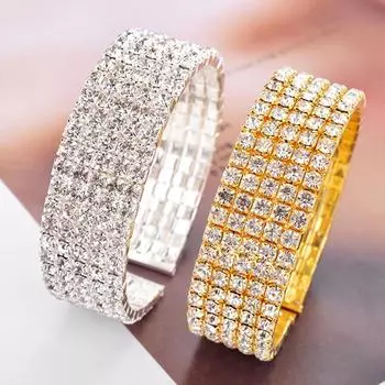 Женский 5-рядный широкий браслет с прозрачными стразами, открытый браслет, свадебные украшения серебряный