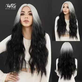 Женский 66 см градиентный белый черный длинный вьющийся парик с полной шапкой и натуральными реалистичными волосами 66cm 25.98inch чёрный/белый