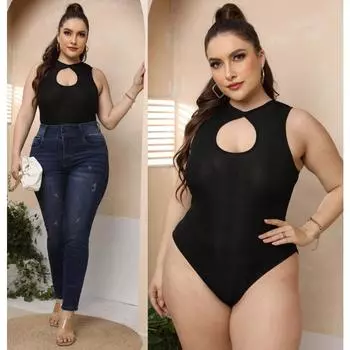 Женский эластичный комбинезон с узким дном большого размера, сексуальный ребристый тонкий черный боди 0XL/L чёрный