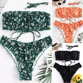 Женский эластичный плиссированный сексуальный сплошной цвет с высокой талией и разделенным купальником, бикини L чёрный