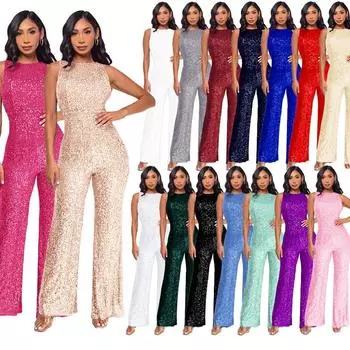 Женский элегантный безрукавный круглый вырез с пайетками для невесты, подружек невесты, вечернего коктейльного вечернего длинного комбинезона S чёрный