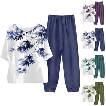 Женский элегантный брючный костюм с принтом, круглый вырез, рукав три четверти, свободные брюки, комплекты, популярная уличная одежда XXXXL