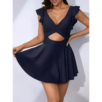 Женский элегантный цельный купальник с v-образным вырезом и оборками по низу – скромные купальники с открытой спиной, эластичный и скромный S