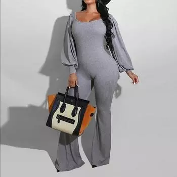 Женский элегантный комбинезон-футляр на весну и лето, однотонный комбинезон с длинным рукавом и фонарем S серый