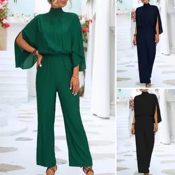 Женский элегантный комбинезон с разрезом и рукавами «летучая мышь», однотонный комбинезон с высокой талией и воротником-стойкой, широкий плиссированный комбинезон с длинными рукавами, женский комбинезон для выпускного банкета L зелёный