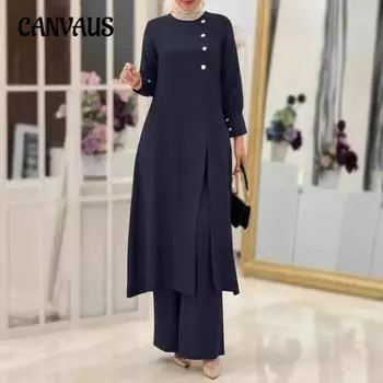 Женский элегантный однотонный костюм из двух частей с боковыми разрезами, длинная рубашка и широкие брюки S чёрный