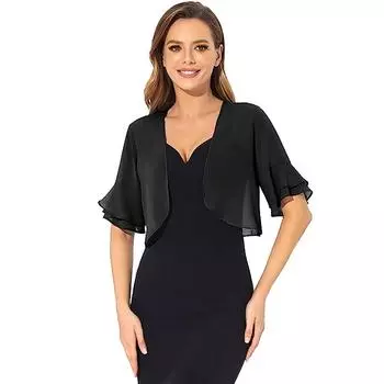 Женский элегантный однотонный шифоновый кардиган, укороченный топ с открытой передней блузкой с рюшами и короткими рукавами XL чёрный