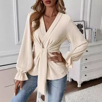 Женский элегантный однотонный топ с V-образным вырезом и длинными рукавами S абрикосовый