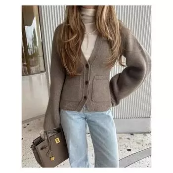 Женский элегантный однотонный вязаный кардиган с длинными рукавами, V-образным вырезом, однобортный, с карманом, осенний женский свитер для поездок на работу и верх S чёрный