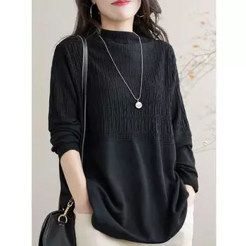 Женский элегантный осенне-зимний свитер большого размера, свободный повседневный пуловер с длинным рукавом, вязаный топ однотонного цвета для ношения под низ M чёрный