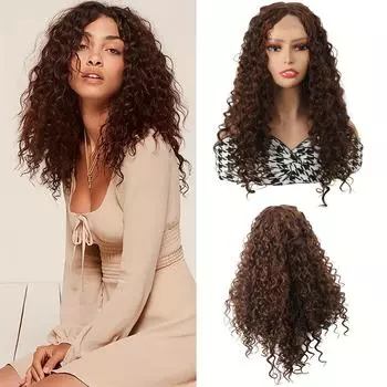 Женский элегантный парик с вьющимися волнами на кружеве спереди - плотность 150%, площадь кружева 4x1, высокотемпературное волокно, средняя часть завязана вручную, универсальная посадка 30inch
