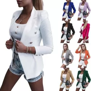 Женский элегантный пиджак с длинным рукавом, однотонный деловой пиджак с лацканами, короткое пальто S белый