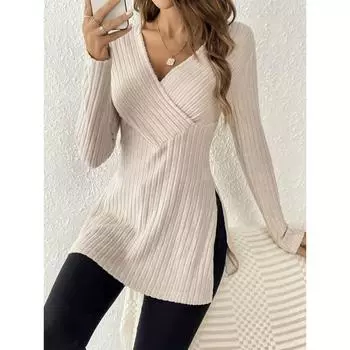 Женский элегантный полосатый трикотажный топ с длинными рукавами и футболкой с V-образным вырезом L абрикосовый