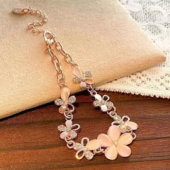 Женский элегантный полый блестящий браслет с цветочным декором и стразами, регулируемая длина, браслет для девочек, подарок на день рождения розового золота
