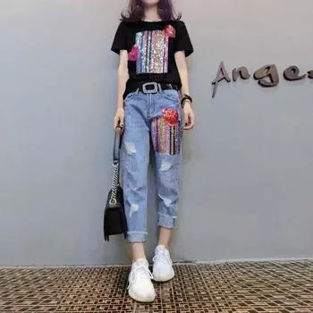 Женский элегантный повседневный комплект брюк, модная футболка с короткими рукавами и пайетками, проколотые джинсы, топы из двух частей XXXL белый