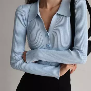 Женский элегантный сексуальный дышащий вязаный кардиган с воротником и V-образным вырезом, длинным рукавом, на пуговицах, тонкий легкий свитер поло, мягкий кардиган сверху