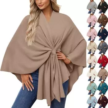 Женский элегантный шаль-накидка, мягкий открытый спереди свитер для весны, осени и зимы One Size бежевый