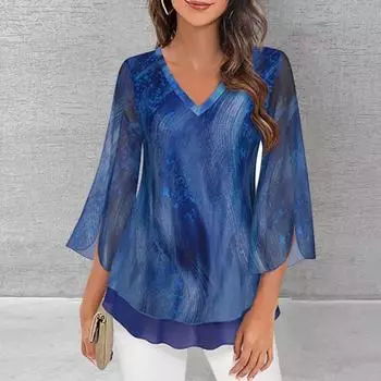 Женский элегантный шифоновый топ с цветочным принтом, рукавами «летучая мышь» и кружевной отделкой идеально подходит для любого случая 2XL серый